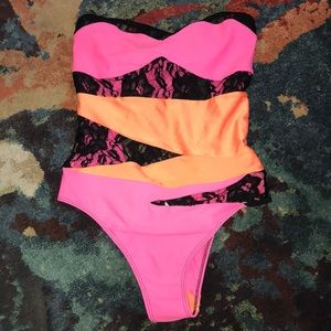 TAVIK neon pink orange lace one piece swimsuit